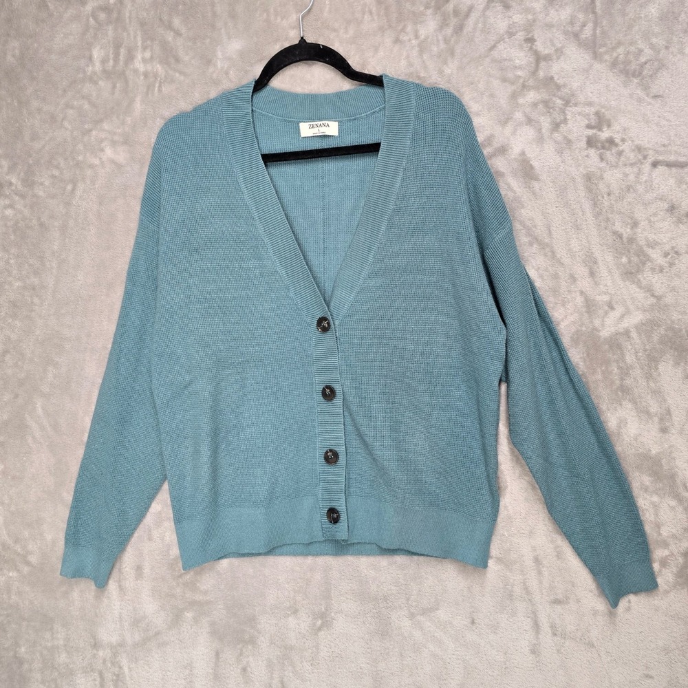 Zenana Women Cardigan Sweater Size Large Blue Button Front Knit Long Sleeve‎